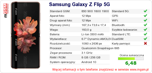 Dane telefonu Samsung Galaxy Z Flip 5G