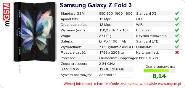 Dane telefonu Samsung Galaxy Z Fold 3 Dane telefonu Samsung Galaxy Z Fold 3
