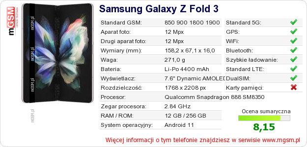 Dane telefonu Samsung Galaxy Z Fold 3
