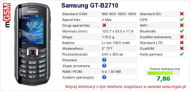 Dane telefonu Samsung GT-B2710 Dane telefonu Samsung GT-B2710