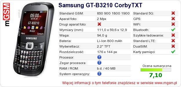Dane telefonu Samsung GT-B3210 CorbyTXT Dane telefonu Samsung GT-B3210 CorbyTXT