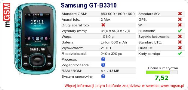 Dane telefonu Samsung GT-B3310