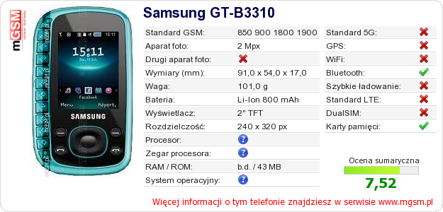 Dane telefonu Samsung GT-B3310