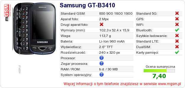 Dane telefonu Samsung GT-B3410