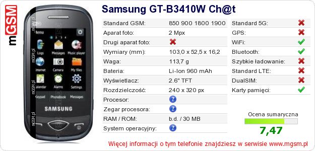 Dane telefonu Samsung GT-B3410W Ch@t