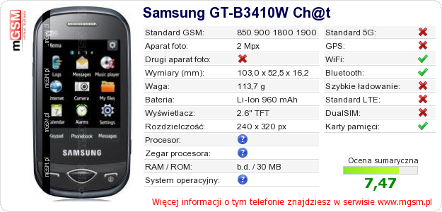 Dane telefonu Samsung GT-B3410W Ch@t