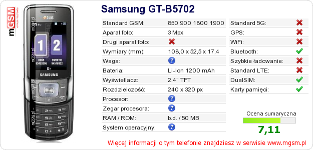 Dane telefonu Samsung GT-B5702