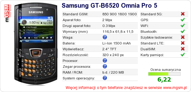 Dane telefonu Samsung GT-B6520 Omnia Pro 5 Dane telefonu Samsung GT-B6520 Omnia Pro 5