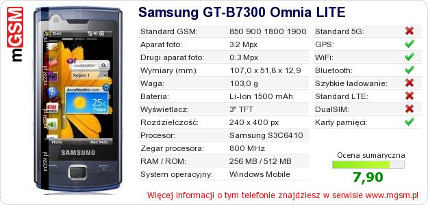 Dane telefonu Samsung GT-B7300 Omnia LITE Dane telefonu Samsung GT-B7300 Omnia LITE