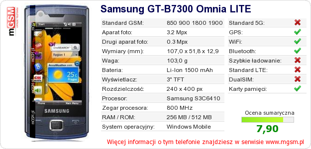 Dane telefonu Samsung GT-B7300 Omnia LITE