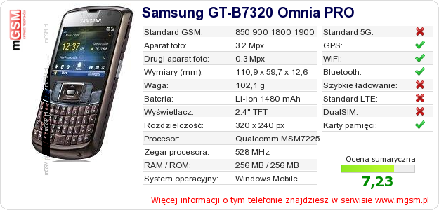 Dane telefonu Samsung GT-B7320 Omnia PRO
