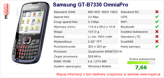 Dane telefonu Samsung GT-B7330 OmniaPro Dane telefonu Samsung GT-B7330 OmniaPro