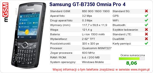 Dane telefonu Samsung GT-B7350 Omnia Pro 4