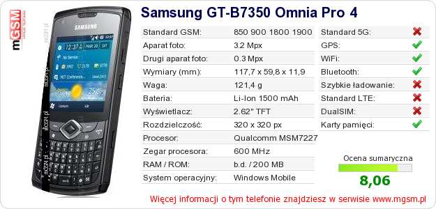 Dane telefonu Samsung GT-B7350 Omnia Pro 4 Dane telefonu Samsung GT-B7350 Omnia Pro 4