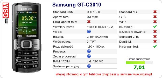 Dane telefonu Samsung GT-C3010