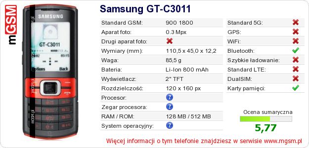 Dane telefonu Samsung GT-C3011