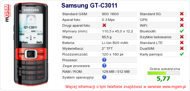 Dane telefonu Samsung GT-C3011 Dane telefonu Samsung GT-C3011
