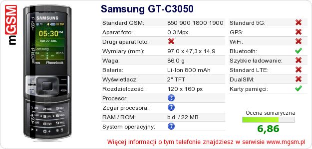 Dane telefonu Samsung GT-C3050