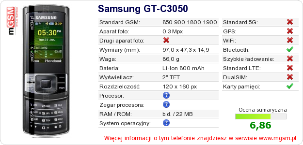 Dane telefonu Samsung GT-C3050