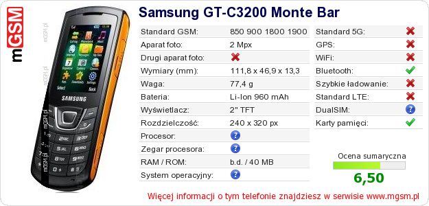 Dane telefonu Samsung GT-C3200 Monte Bar Dane telefonu Samsung GT-C3200 Monte Bar