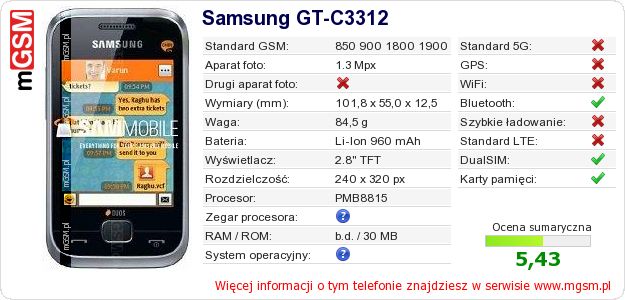 Dane telefonu Samsung GT-C3312 Dane telefonu Samsung GT-C3312