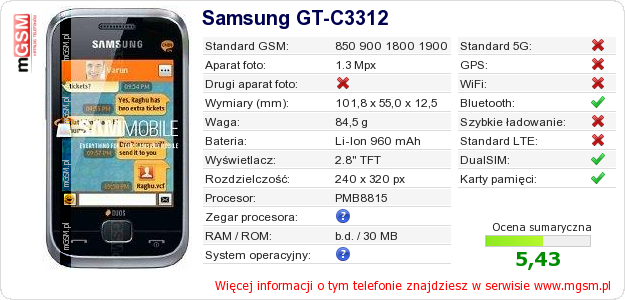 Dane telefonu Samsung GT-C3312