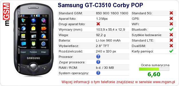 Dane telefonu Samsung GT-C3510 Corby POP