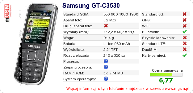 Dane telefonu Samsung GT-C3530 Dane telefonu Samsung GT-C3530