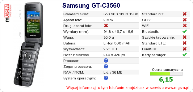 Dane telefonu Samsung GT-C3560