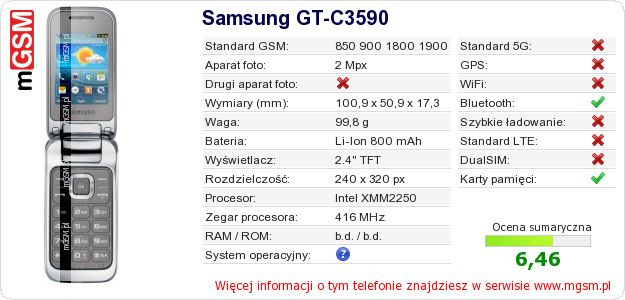 Dane telefonu Samsung GT-C3590 Dane telefonu Samsung GT-C3590