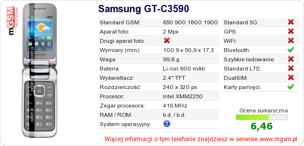 Dane telefonu Samsung GT-C3590 Dane telefonu Samsung GT-C3590