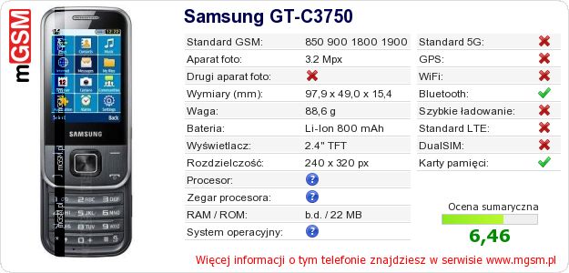 Dane telefonu Samsung GT-C3750