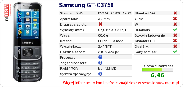 Dane telefonu Samsung GT-C3750 Dane telefonu Samsung GT-C3750