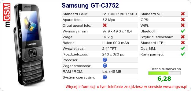 Dane telefonu Samsung GT-C3752 Dane telefonu Samsung GT-C3752