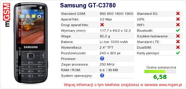 Dane telefonu Samsung GT-C3780