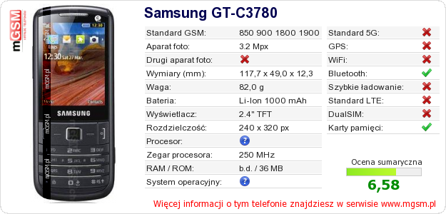 Dane telefonu Samsung GT-C3780