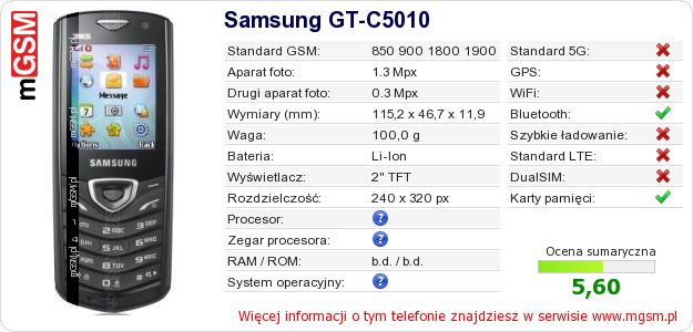 Dane telefonu Samsung GT-C5010