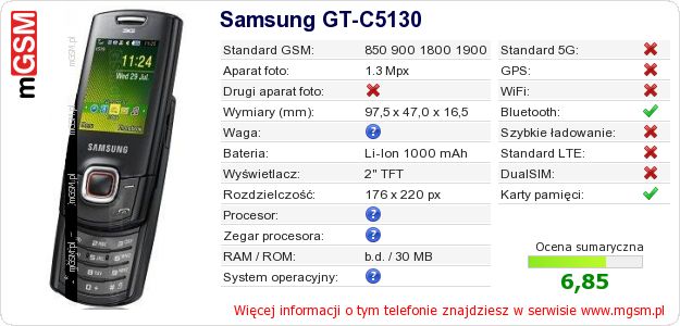 Dane telefonu Samsung GT-C5130