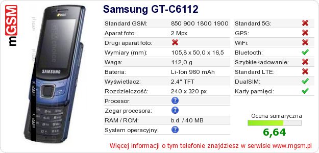 Dane telefonu Samsung GT-C6112