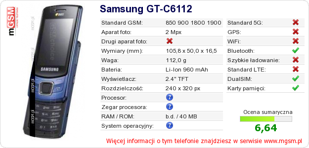 Dane telefonu Samsung GT-C6112