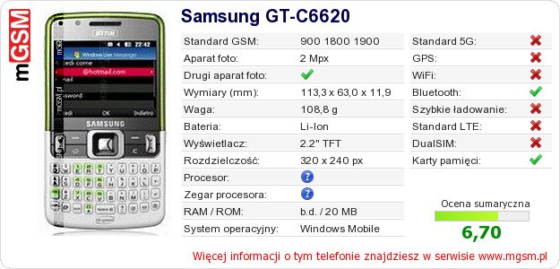 Dane telefonu Samsung GT-C6620
