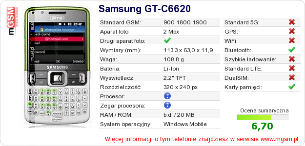 Dane telefonu Samsung GT-C6620
