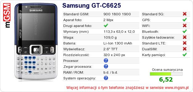 Dane telefonu Samsung GT-C6625