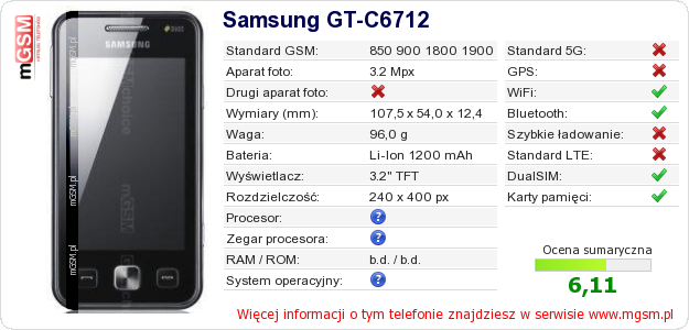 Dane telefonu Samsung GT-C6712 Dane telefonu Samsung GT-C6712