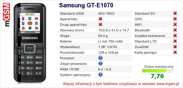 Dane telefonu Samsung GT-E1070 Dane telefonu Samsung GT-E1070