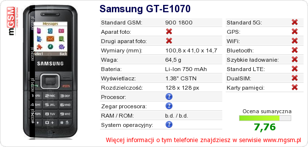 Dane telefonu Samsung GT-E1070