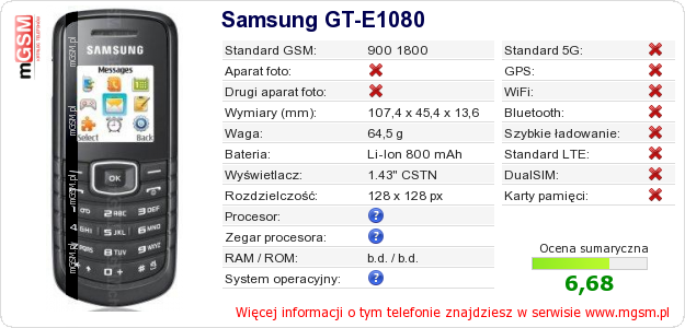 Dane telefonu Samsung GT-E1080