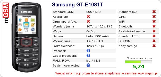 Dane telefonu Samsung GT-E1081T