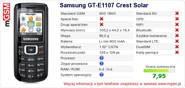 Dane telefonu Samsung GT-E1107 Crest Solar