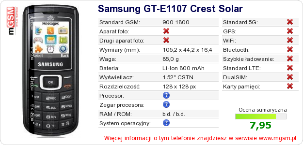 Dane telefonu Samsung GT-E1107 Crest Solar